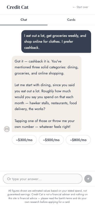 Don’t have your expenses memorised? No problem. Tell Credit Cat how you live (eat out, drive, shop online) and we estimate your monthly spend. Correct any figure as you go.